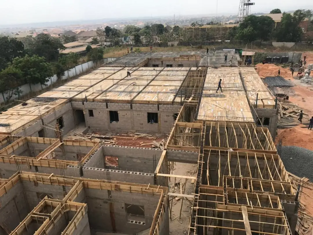 Aerial view of the complex during structural works
